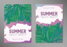 Summer vertical backgrounds with tropical leaves, monstera, chamaedorea and other palms. Template for placard, poster, event invitation with place for text. vector