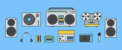 Sound systems retro collection. Portable player, headphones, cassette player, stereo system, speakers, record player, tape recorder, mic, radio, vinyl player. Colorful vector line art illustration set