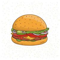 Burger with cheese, cucumber, cutlet, lettuce, onion, sauce, tomato, beef and salad. Colorful hand drawn vector illustration on white background.