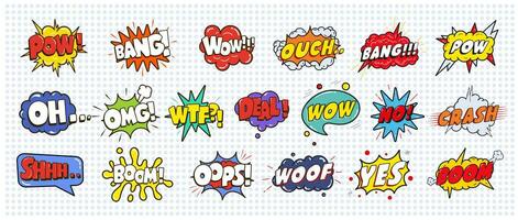 Comic sound speech effect bubbles set isolated on white background illustration. Wow, pow, bang, ouch, crash, woof, no, yes, boom, oh, omg, wtf, deal, oops inscriptions. vector