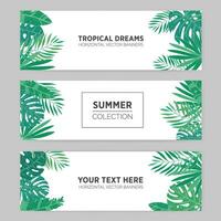 Set of summer horizontal banners with tropical leaves, monstera, banana, chamaedorea and other palms. Template for advertising production. Background with place for text. vector