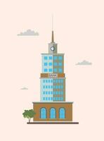 Modern high-rise bank building front view. Colorful flat vector illustration.