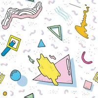 Modern abstract design pattern in 80s-90s fashion style. Seamless texture with geometric shapes and other. Colorful vector Illustration.
