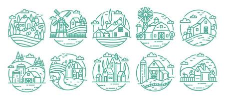 Countryside labels set. Farm various logo collection. Line art monochrome vector illustration.