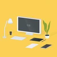 moderno diseñador lugar de trabajo. monitor, lámpara, teclado, planta, computadora portátil, computadora, gráficos tableta en amarillo antecedentes. vistoso isométrica vector ilustración.