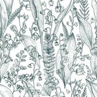 Lily of the valley with fern outline seamless pattern. Hand drawn buds, leaves and stems texture. Black and white vector illustration.