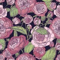 Beautiful detailed pion-shaped rose seamless pattern. Hand drawn blossom flowers and leaves. Colorful vintage vector illustration.