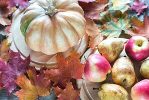 Pumpkin with apples on the wooden background photo