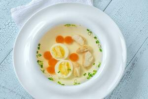 Chicken broth in plate photo