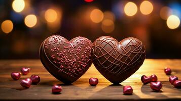 ai generado dos corazón forma chocolate, símbolo de amar, festivo elemento, contento San Valentín día, publicidad material foto
