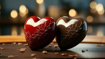 AI generated Two Heart Shape Chocolate, Symbol of Love, Festive Element, Happy Valentine's day, advertising material photo