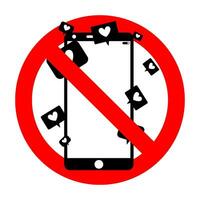 Ban social media and smartphone addiction symbol. Prohibited like and virtual approbation, vector addict social media ban illustration, risk world with like and heart from smartphone