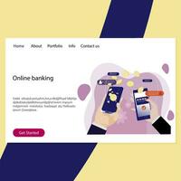 Online banking landing page, finance operations. Vector security payment, homepage landing commerce bank for business and private using illustration