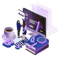 Study languages online. Education english. Vector foreign isometric learn, student with vocabulary online courses illustration