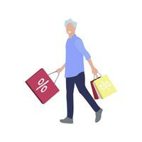 Man with shopping bag, sale and discount. Vector customer with purchase, people after shop illustration, buyer retail cartoon, consumer person