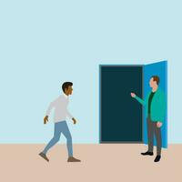 Person going to new opportunity in open door. Vector door opportunity, open career, new entrance in future, people in doorway illustration, running and entering to new life