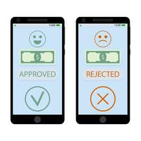 Approved and rejected pay on smartphone. Get money on mobile app, approve and deny. Vector illustration