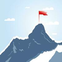 Mountain peak with red flag, Success goal. Top climbing achievement, successful leadership challenge, vector illustration