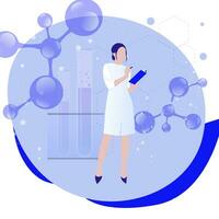 Female scientist in lab coat researching molecular connection. Concept of biochemistry, research, analysis. Vector scientific algorithm, ai neuroscience connection illustration