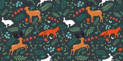 Seamless pattern with forest animals, plants, leaves, flowers. Natural print with foxes, deer, hares. Vector graphics.