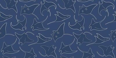 Seamless pattern with silhouettes of sea animals stingrays swimming in the water. Linear vector graphics.