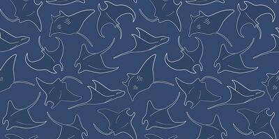 Seamless pattern with silhouettes of sea animals stingrays swimming in the water. Linear vector graphics.