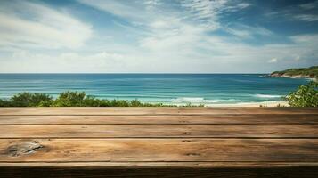 AI generated A Wooden Platform overlooking Beautiful Beach and Sea Scenery, Serene view, mockup with copy space photo