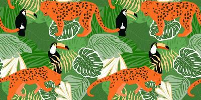 Seamless pattern with abstract tropical jungle. Animals leopards, toucans against the background of palm leaves, monstera. Vector graphics.