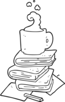 black and white cartoon books and coffee cup png