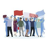 Political march supporting their candidate. Demonstration and rally, character social male and woman with flag and call, picket activist protest, demonstrate banner and motto. Vector illustration