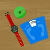 Weight loss concept, smartwatch and scale. Vector healthy lifestyle, smart watch and measuring illustration