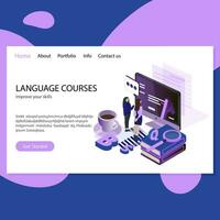 Language courses. Improve skills, online education. Remote foreign speaking and reading, english courses mockup web page vector