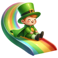 AI generated Leprechaun in St Patrick costume riding a rainbow slide png