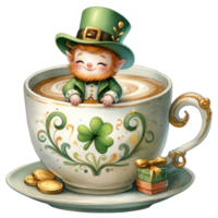 ai généré lutin dans vert vêtements dans une café tasse à célébrer st. patrick's journée png