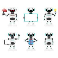 Robots set poses and action. Cyborg with laptop or flowers, android mechanical present gift, robotic pose emotion with idea. Vector illustration