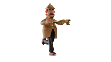 3D illustration. Agile Detective 3D Cartoon Character. The detective ran carrying the secret key he had managed to get. The great detective is quickening his pace. 3D cartoon character png