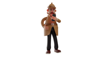 3d ilustração. homem 3d desenho animado personagem. a bigodudo homem vestiu uma arrumado terno e Castanho chapéu. homem quem trabalho Como uma detetive é fazer uma vídeo ligar e mostrando a Bravo expressão. 3d desenho animado personagem png