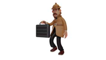 3D illustration. Man 3D Cartoon Character. Man with a mustache who works as a detective. Detective carried a black suitcase and walked hunched over. He showed a tired expression. 3D cartoon character png