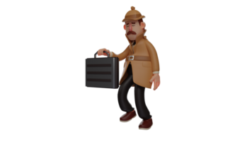 3d ilustración. hombre 3d dibujos animados personaje. hombre con un Bigote quien trabajos como un detective. detective llevado un negro maleta y caminado encorvado encima. él presentado un cansado expresión. 3d dibujos animados personaje png