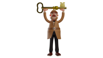 3D illustration. Experienced Detective 3D Cartoon Character. The detective held up the keys with both hands. An old detective who happily does his job. 3D cartoon character png