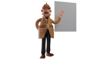 3D illustration. Lecturer 3D Cartoon Character. Charismatic lecturer explaining material next to the blackboard. Mustachioed lecturer is smiling and showing a happy expression. 3D cartoon character png