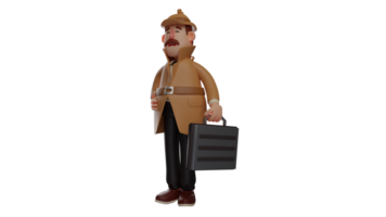 3D illustration. Office Worker 3D Cartoon Character. The mustachioed office worker carried a black suitcase and wore a hat. The detective will go to his office in neat clothes. 3D cartoon character png