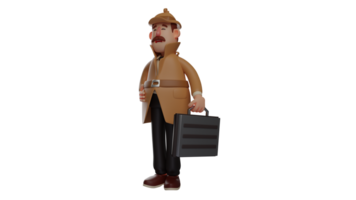 3d illustration. Bureau ouvrier 3d dessin animé personnage. le moustachu Bureau ouvrier porté une noir valise et portait une chapeau. le détective volonté aller à le sien Bureau dans soigné vêtements. 3d dessin animé personnage png