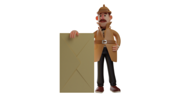 3D illustration. Handsome Secret Agent 3D Cartoon Character. Secret Agent standing next to a brown envelope. Secret Agent who is paying attention to the situation around him. 3D cartoon character png