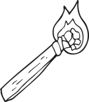 freehand drawn black and white cartoon burning wood torch png
