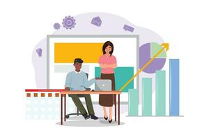 Black man and asian woman at the desk. Great design for web advertisement, web sites, mobile application. vector