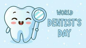 mundo dentista día. diente personaje y dental espejo en dibujos animados estilo. adecuado para web, póster o bandera vector plano diseño