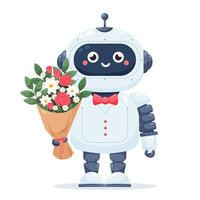 Cute robot. Vector illustration of a robot with a bouquet of flowers in flat style on a white background. Cartoon robot character.