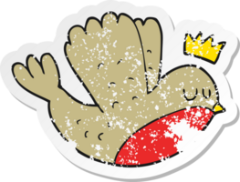 retro distressed sticker of a cartoon flying christmas robin with crown png