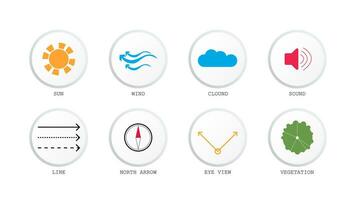 architecture site analysis symbol icon element drawing graphic flat isolated vector. architecture element line sun wind sound sun path vegetation. vector